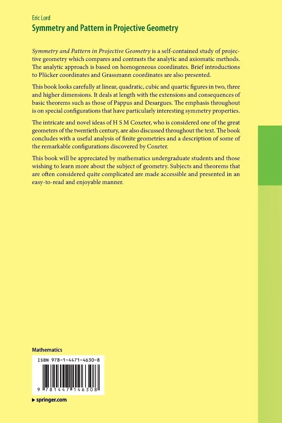 Rückseite: 9781447146308 | Symmetry and Pattern in Projective Geometry | Eric Lord | Taschenbuch