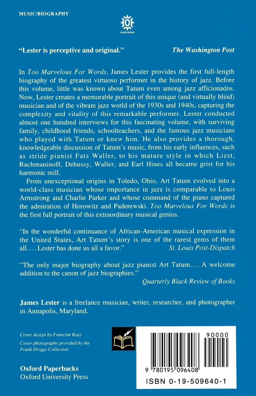 Rückseite: 9780195096408 | Too Marvelous for Words | The Life and Genius of Art Tatum | Lester