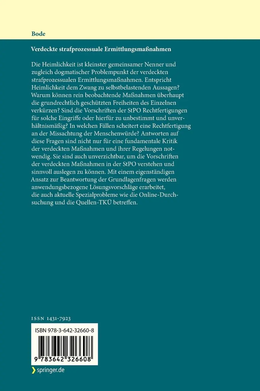 Rückseite: 9783642326608 | Verdeckte strafprozessuale Ermittlungsmaßnahmen | Thomas A Bode | Buch
