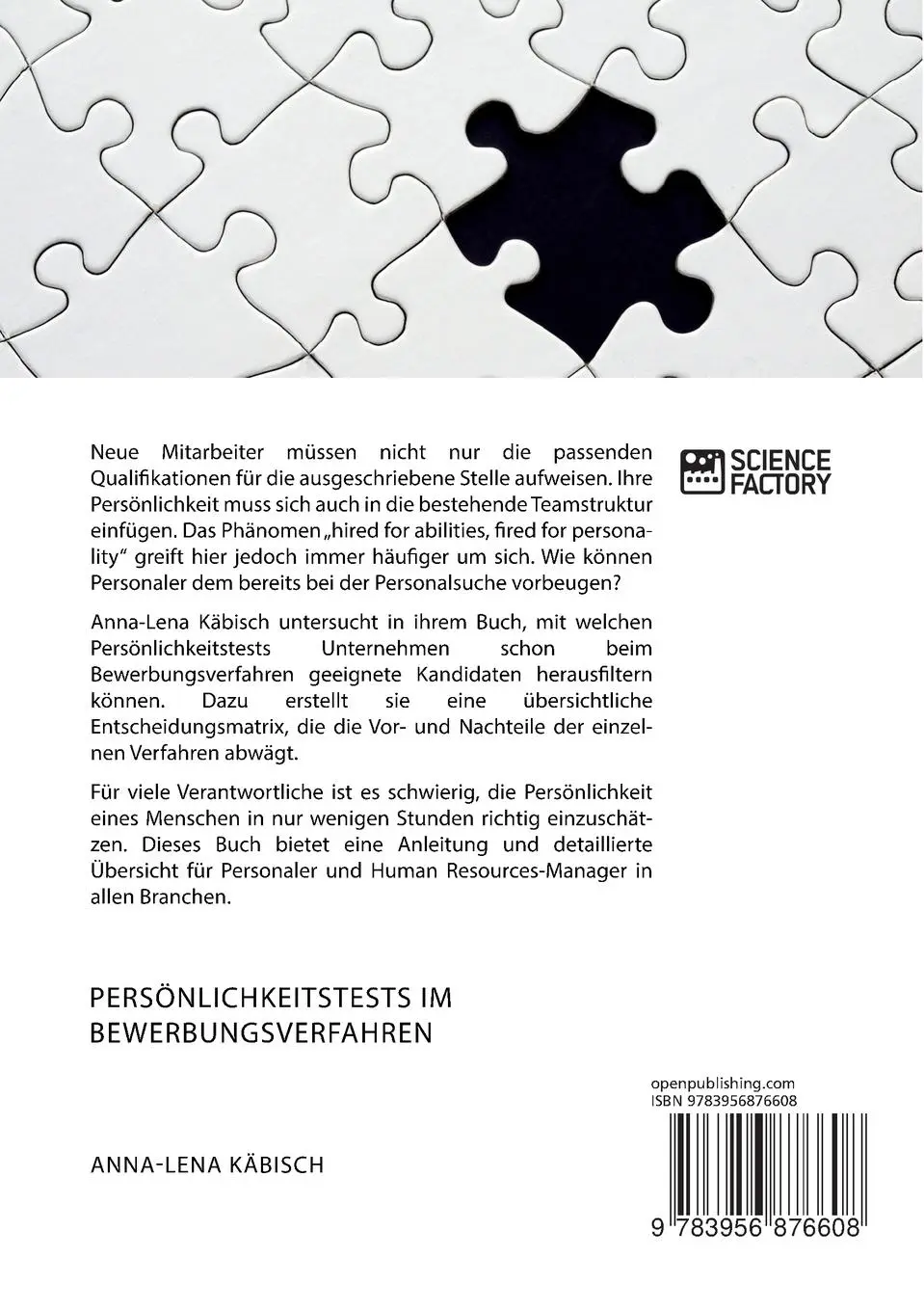 Rückseite: 9783956876608 | Persönlichkeitstests im Bewerbungsverfahren. Handlungsleitfaden zur...