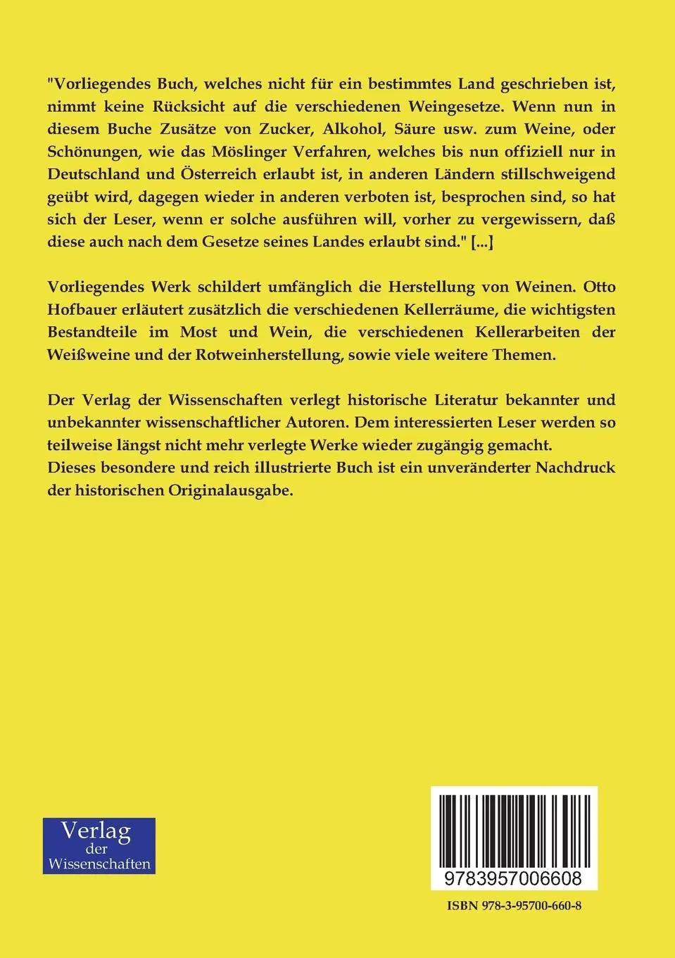 Rückseite: 9783957006608 | Handbuch der praktischen Kellerwirtschaft | Otto Hofbauer | Buch