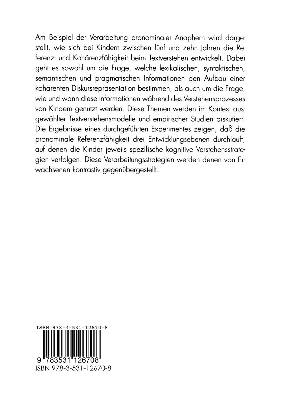 Rückseite: 9783531126708 | Textverstehen bei Kindern | Zur Entwicklung von Kohärenz und Referenz