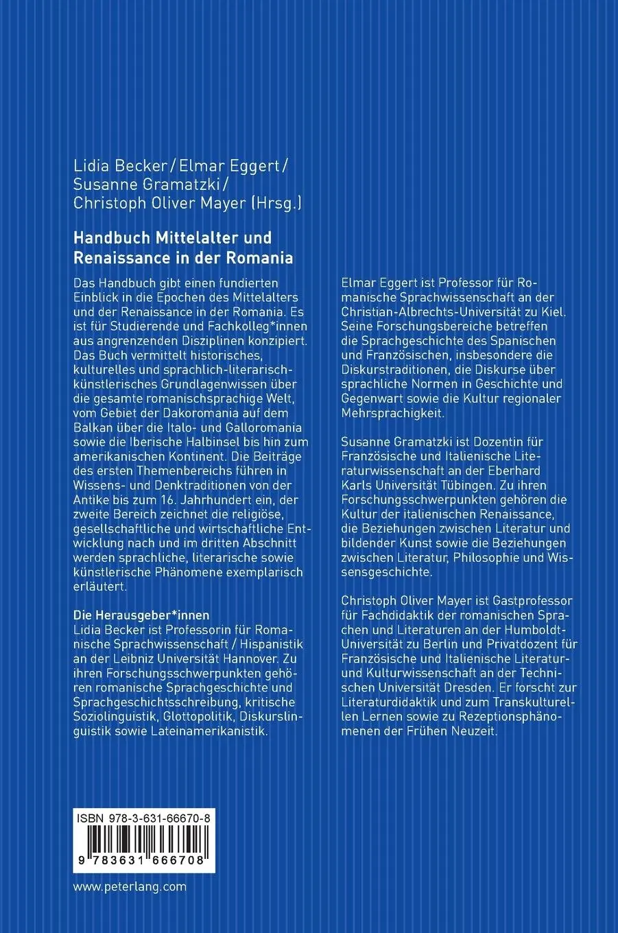 Rückseite: 9783631666708 | Handbuch Mittelalter und Renaissance in der Romania | Eggert (u. a.)