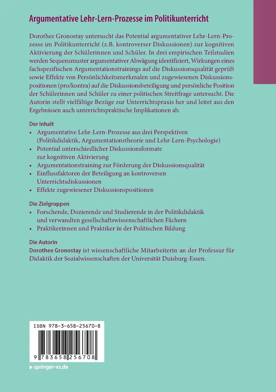 Rückseite: 9783658256708 | Argumentative Lehr-Lern-Prozesse im Politikunterricht | Gronostay