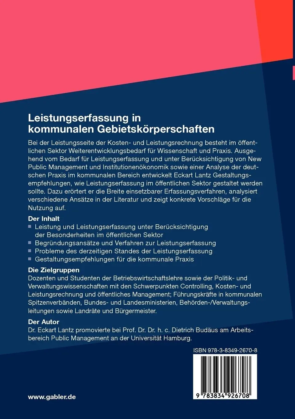 Rückseite: 9783834926708 | Leistungserfassung in kommunalen Gebietskörperschaften | Eckart Lantz
