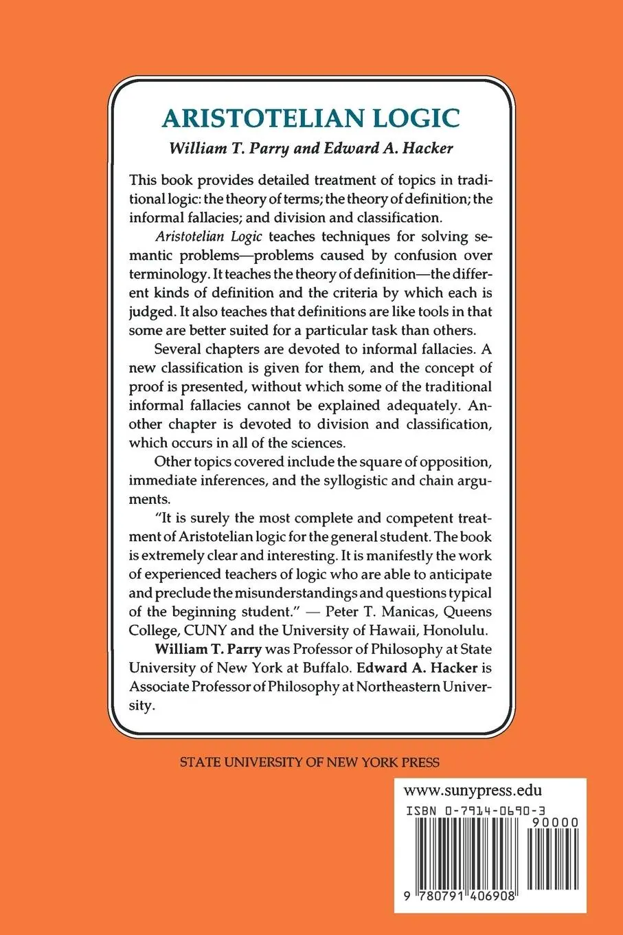 Rückseite: 9780791406908 | Aristotelian Logic | William T. Parry (u. a.) | Taschenbuch | Englisch