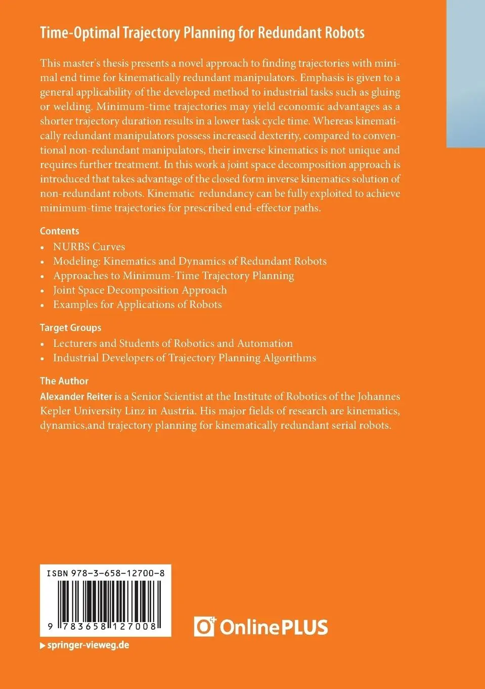 Rückseite: 9783658127008 | Time-Optimal Trajectory Planning for Redundant Robots | Reiter | Buch