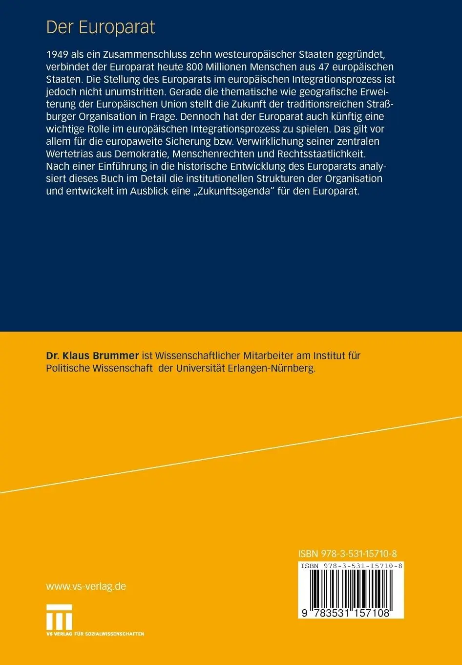 Rückseite: 9783531157108 | Der Europarat | Eine Einführung | Klaus Brummer | Taschenbuch | xv