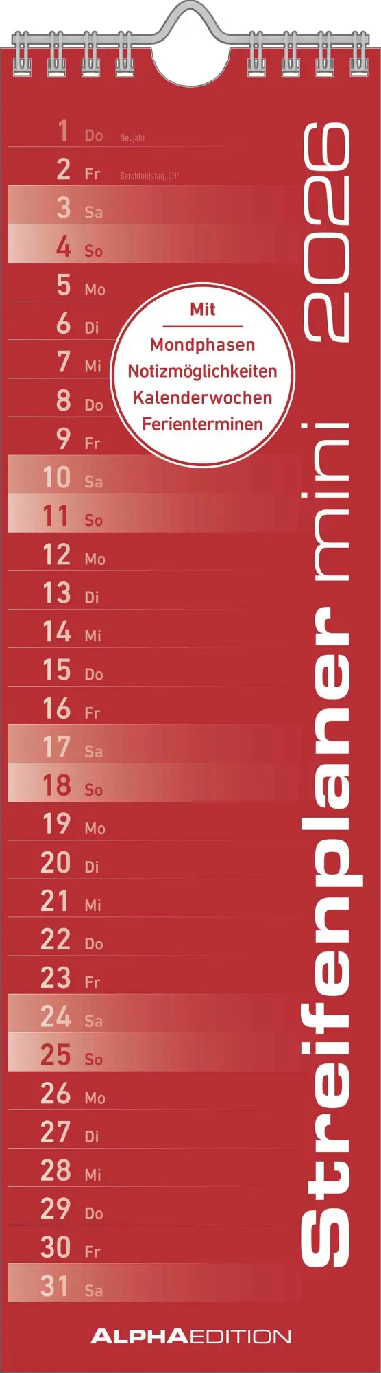Cover: 4069095007208 | Streifenplaner Mini Rot 2026 - Streifen-Kalender 9,5x33 cm -...