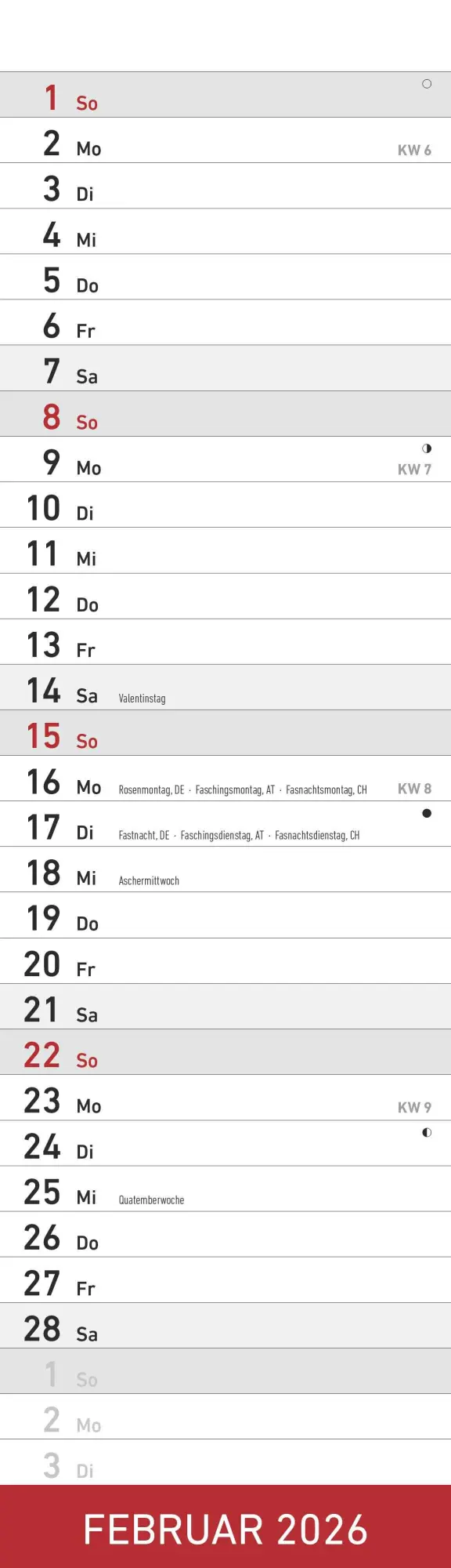 Bild: 4069095007208 | Streifenplaner Mini Rot 2026 - Streifen-Kalender 9,5x33 cm -...