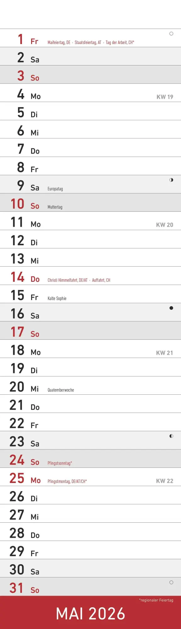 Bild: 4069095007208 | Streifenplaner Mini Rot 2026 - Streifen-Kalender 9,5x33 cm -...