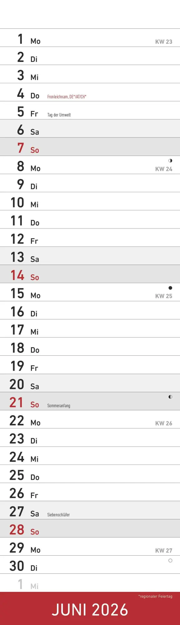 Bild: 4069095007208 | Streifenplaner Mini Rot 2026 - Streifen-Kalender 9,5x33 cm -...