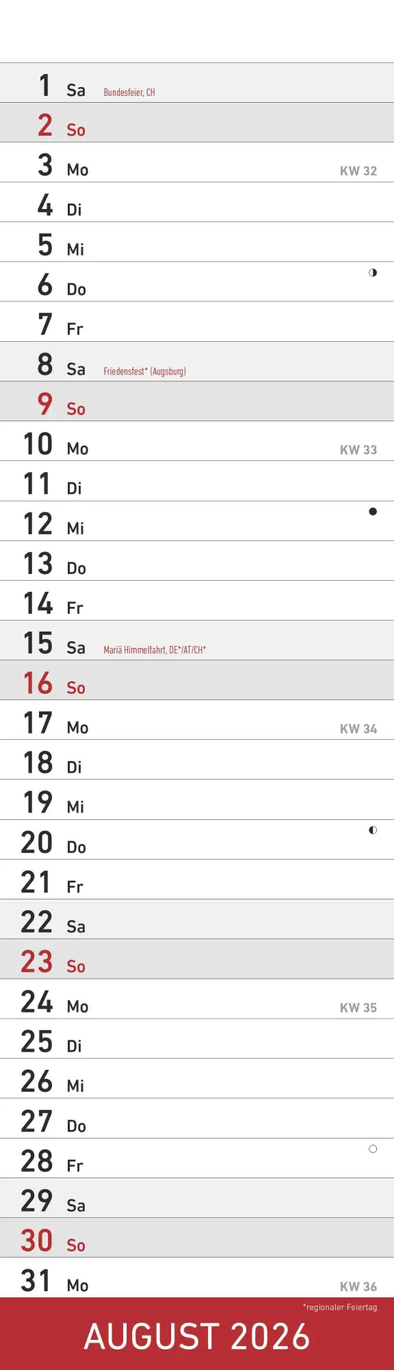 Bild: 4069095007208 | Streifenplaner Mini Rot 2026 - Streifen-Kalender 9,5x33 cm -...