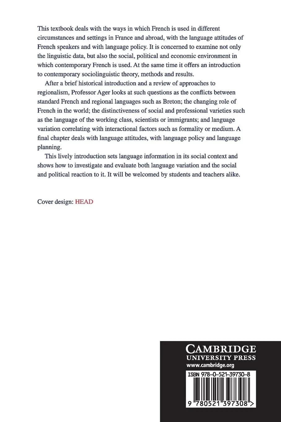 Rückseite: 9780521397308 | Sociolinguistics and Contemporary French | Dennis Ernest Ager | Buch