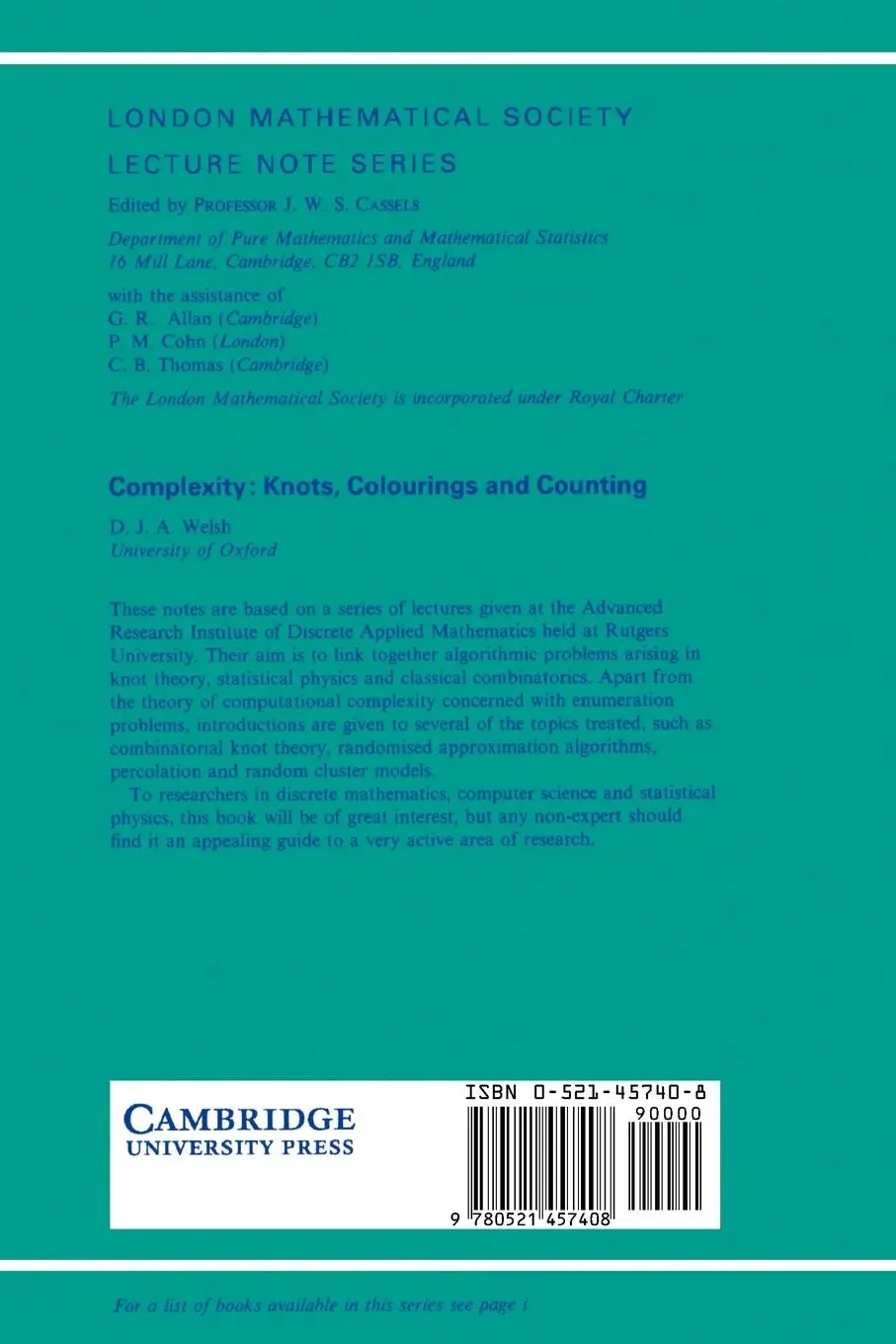 Rückseite: 9780521457408 | Complexity | Knots, Colourings and Counting | D. J. A. Welsh | Buch