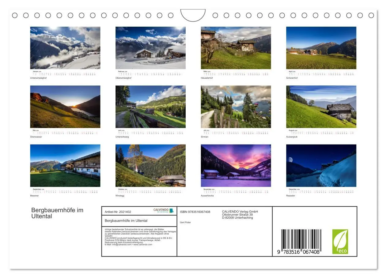 Bild: 9783516067408 | Bergbauernhöfe im Ultental (Wandkalender 2026 DIN A4 quer),...