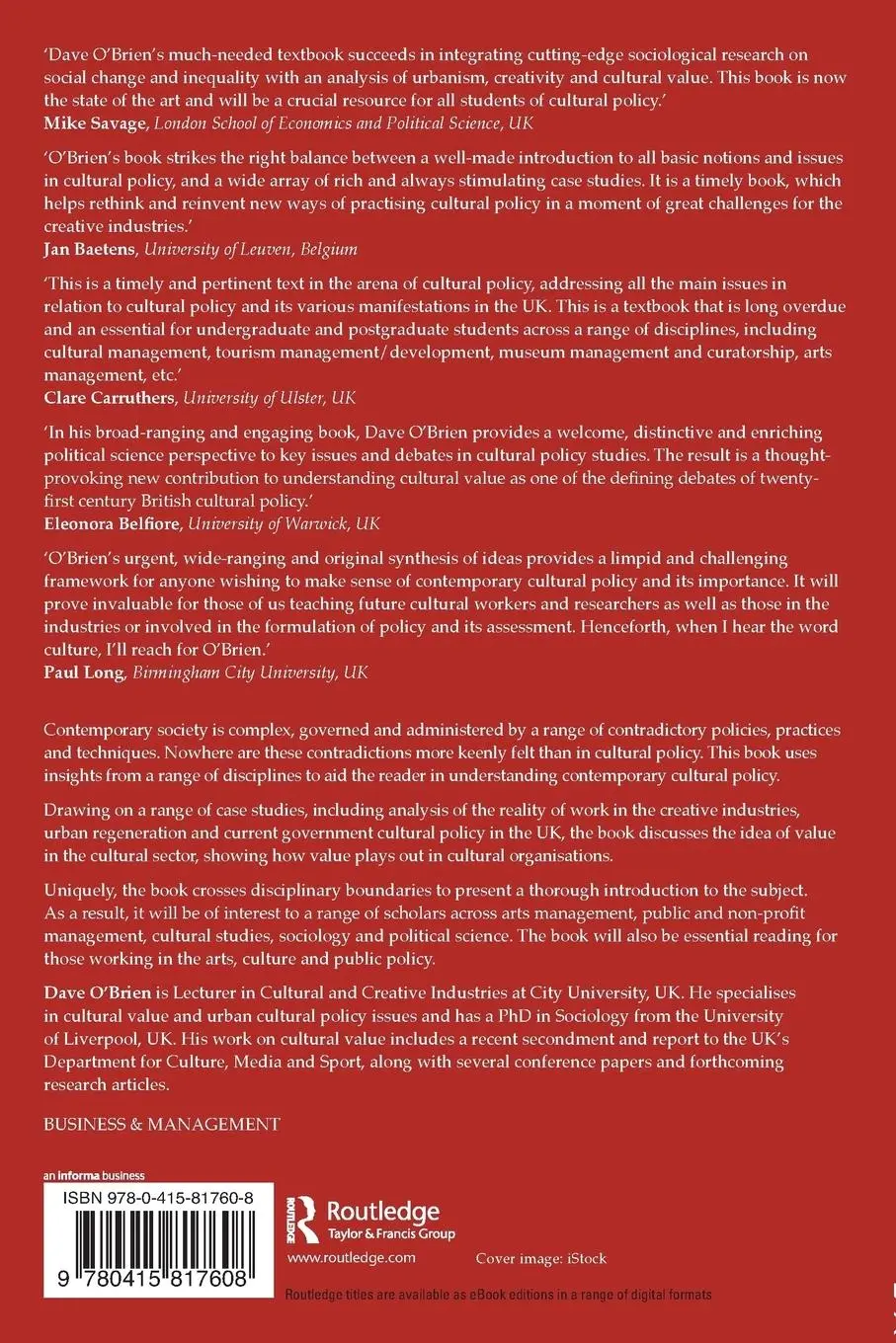 Rückseite: 9780415817608 | Cultural Policy | Dave O'Brien | Taschenbuch | Englisch | 2014