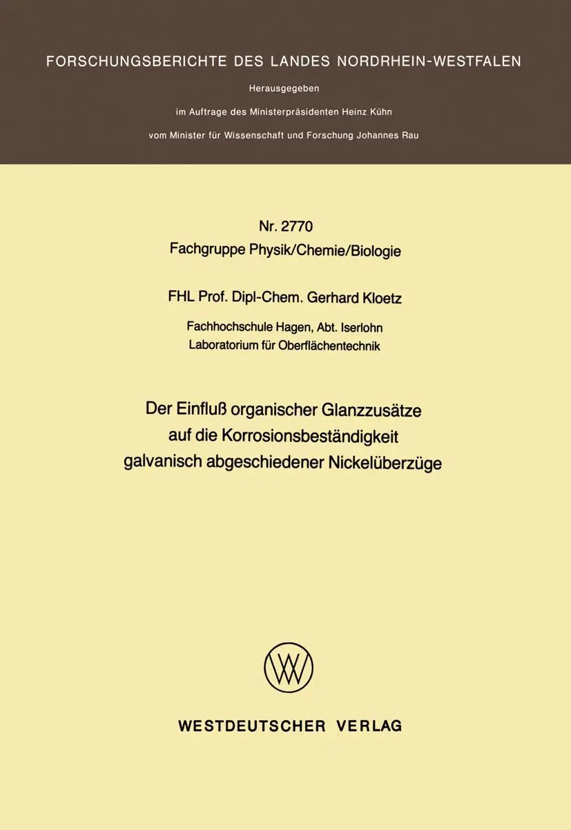 Cover: 9783531027708 | Der Einfluß organischer Glanzzusätze auf die...
