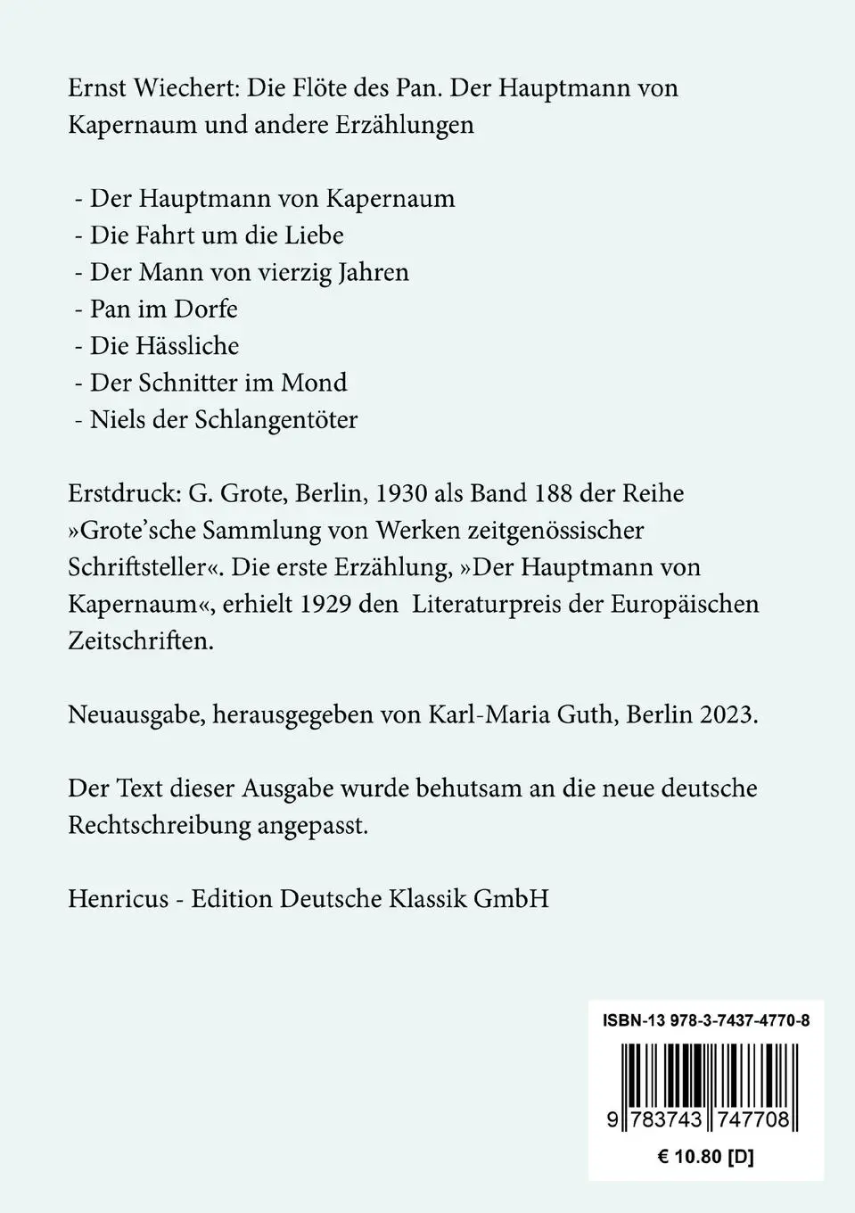 Rückseite: 9783743747708 | Die Flöte des Pan | Der Hauptmann von Kapernaum und andere Erzählungen