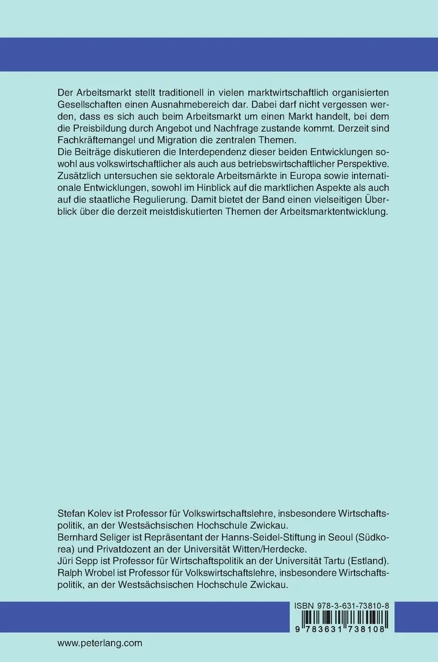 Rückseite: 9783631738108 | Arbeitsmarktentwicklung und -regulierung | Stefan Kolev (u. a.) | Buch