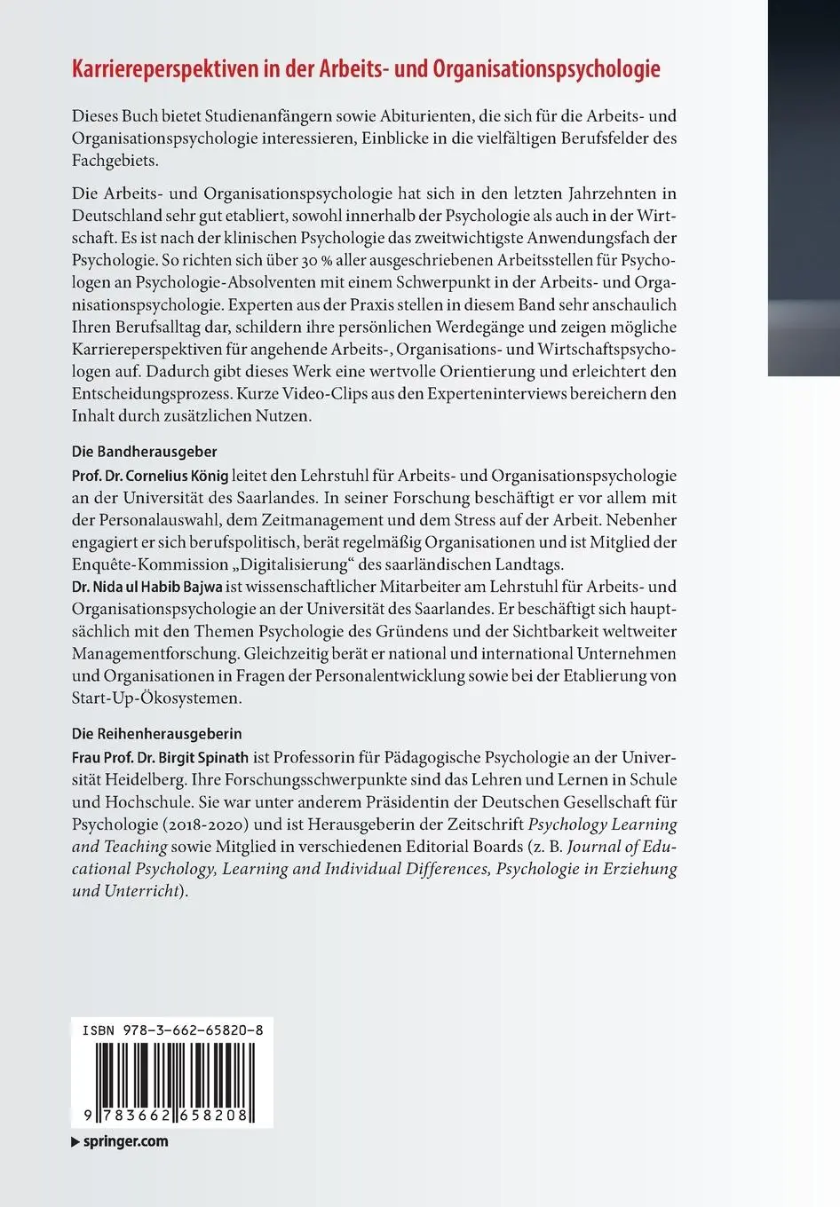 Rückseite: 9783662658208 | Karriereperspektiven in der Arbeits- und Organisationspsychologie
