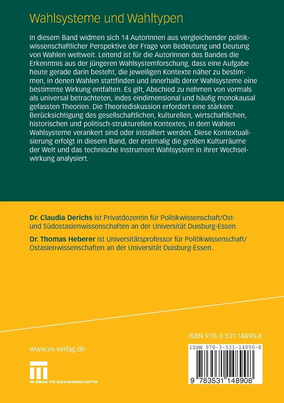 Rückseite: 9783531148908 | Wahlsysteme und Wahltypen | Thomas Heberer (u. a.) | Taschenbuch | vii