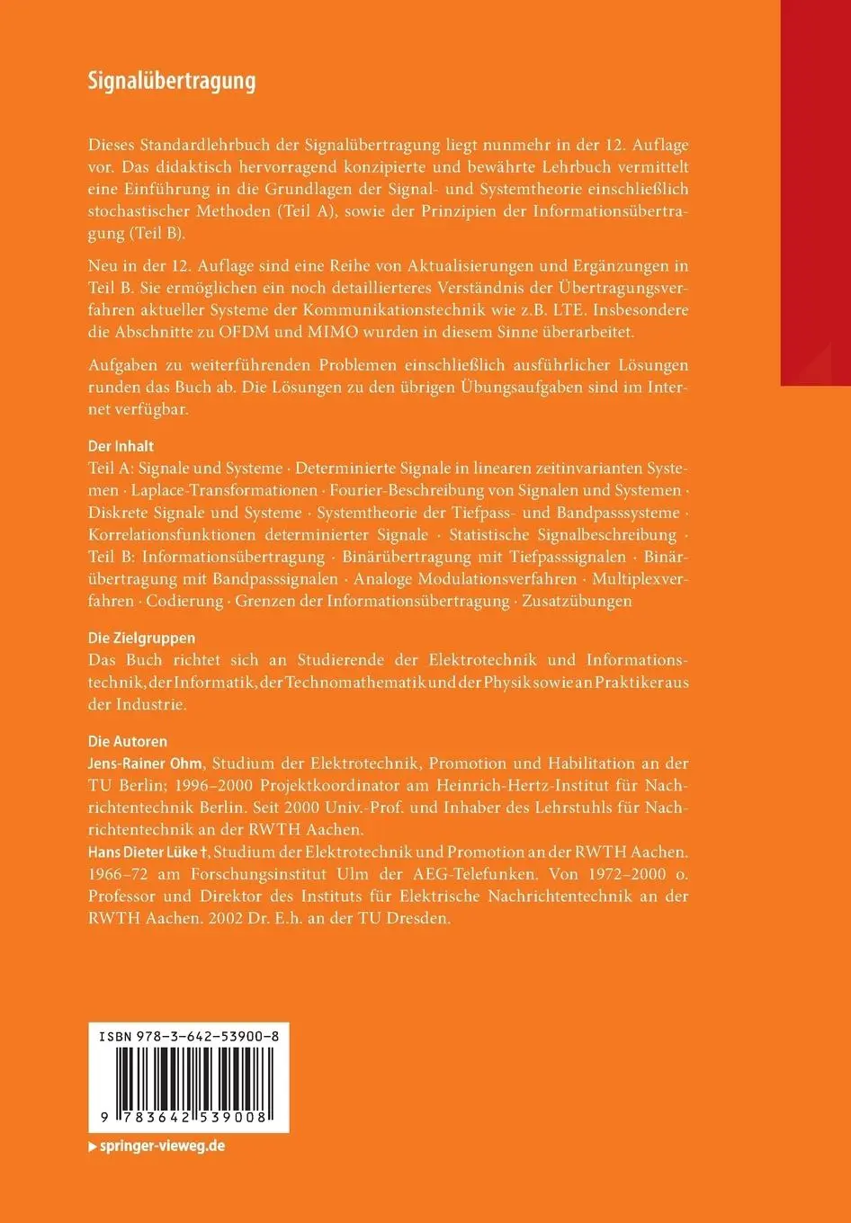 Rückseite: 9783642539008 | Signalübertragung | Hans Dieter Lüke (u. a.) | Taschenbuch | XV | 2015
