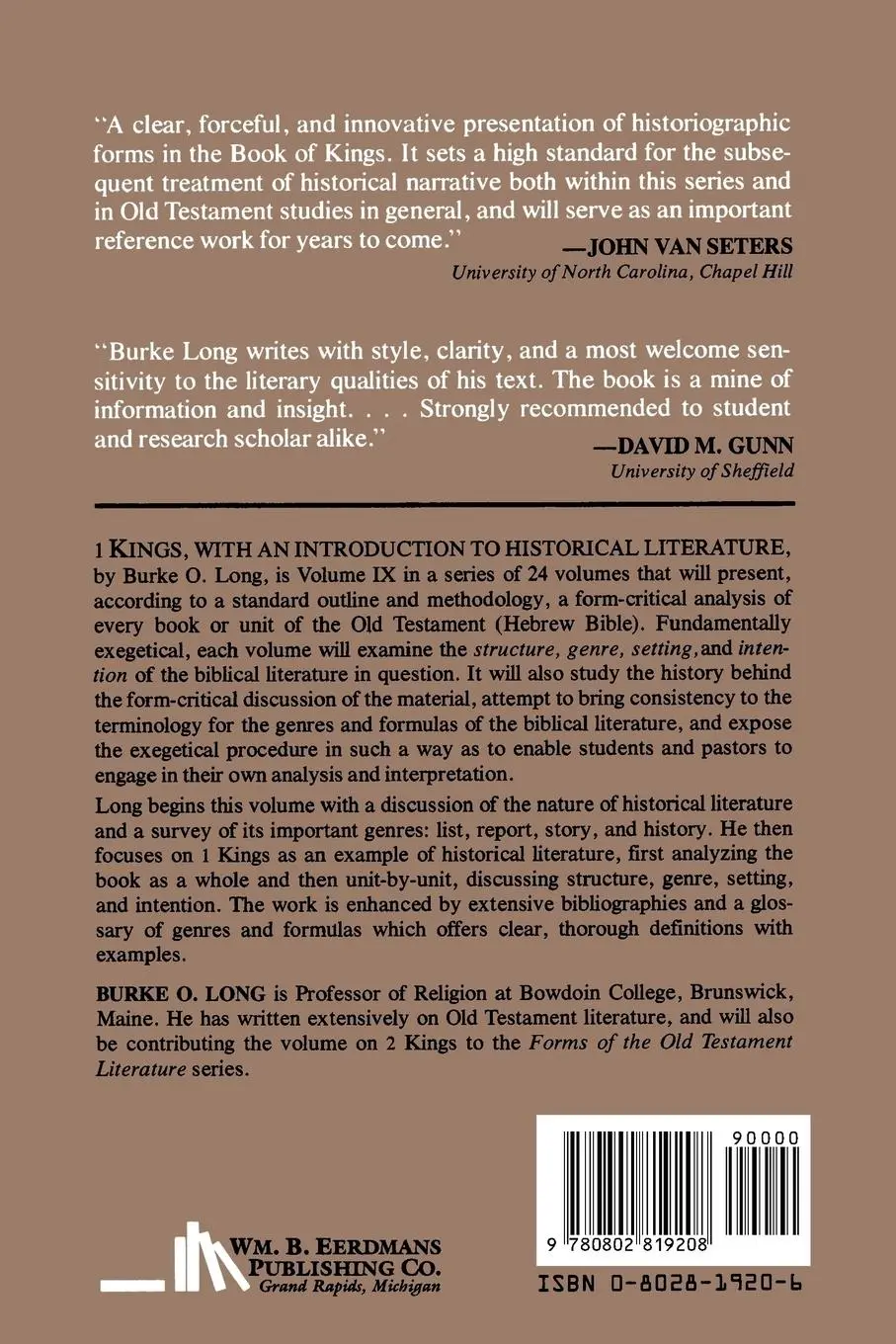 Rückseite: 9780802819208 | 1 Kings | An Introduction to Historical Literature | Burke O. Long