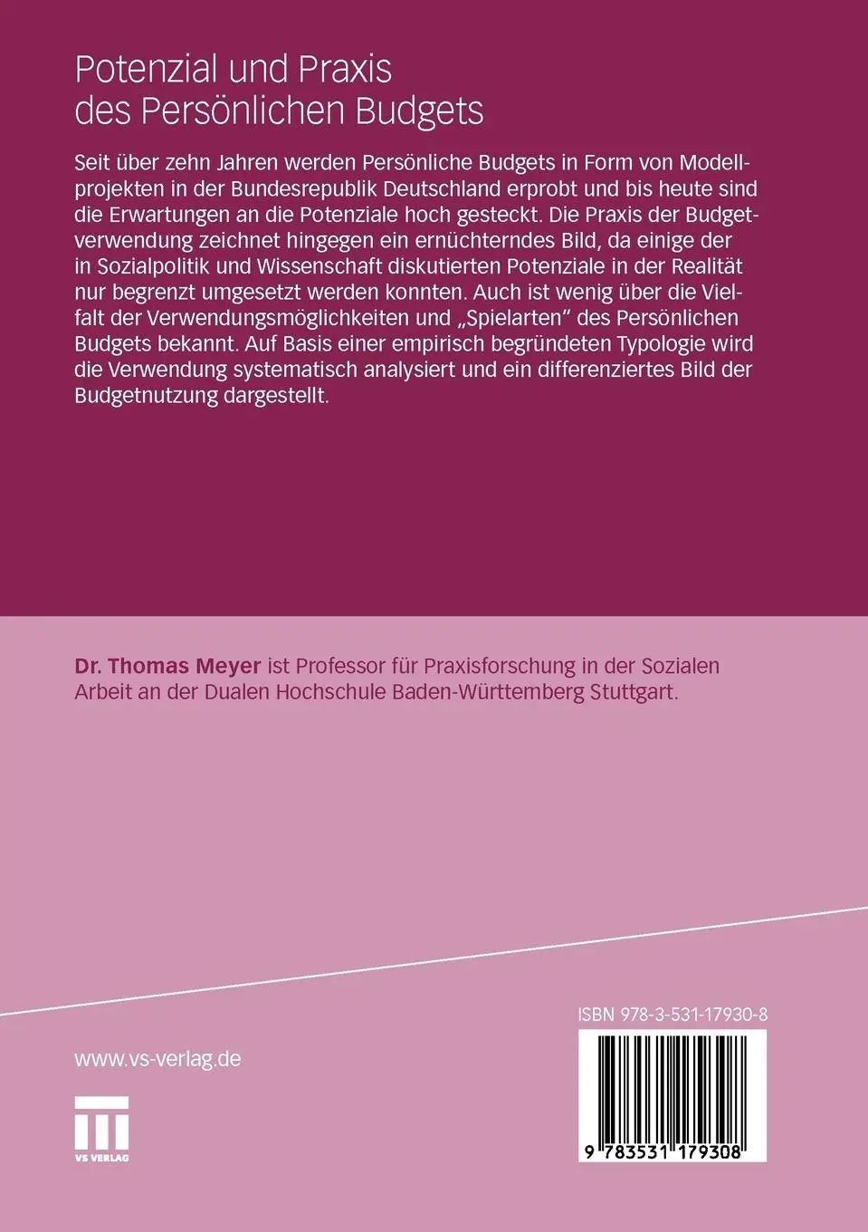 Rückseite: 9783531179308 | Potenzial und Praxis des Persönlichen Budgets | Thomas Meyer | Buch