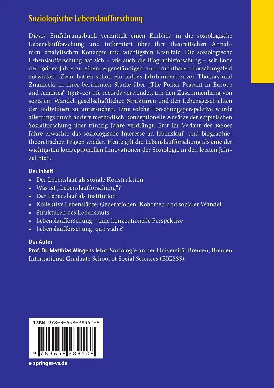 Rückseite: 9783658289508 | Soziologische Lebenslaufforschung | Matthias Wingens | Taschenbuch