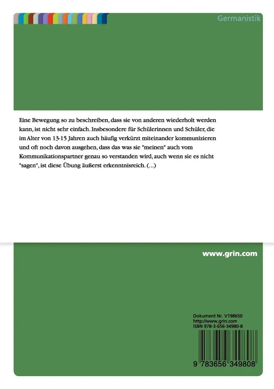 Rückseite: 9783656349808 | Unterrichtsstunde: Bewegungen beschreiben | Mareike Hachemer | Buch