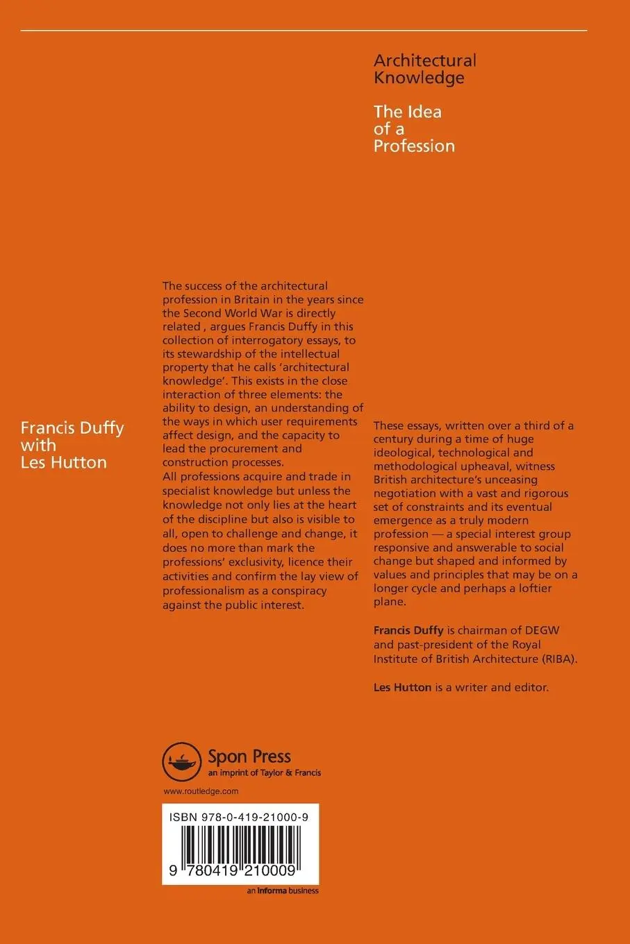 Rückseite: 9780419210009 | Architectural Knowledge | The Idea of a Profession | Duffy (u. a.)