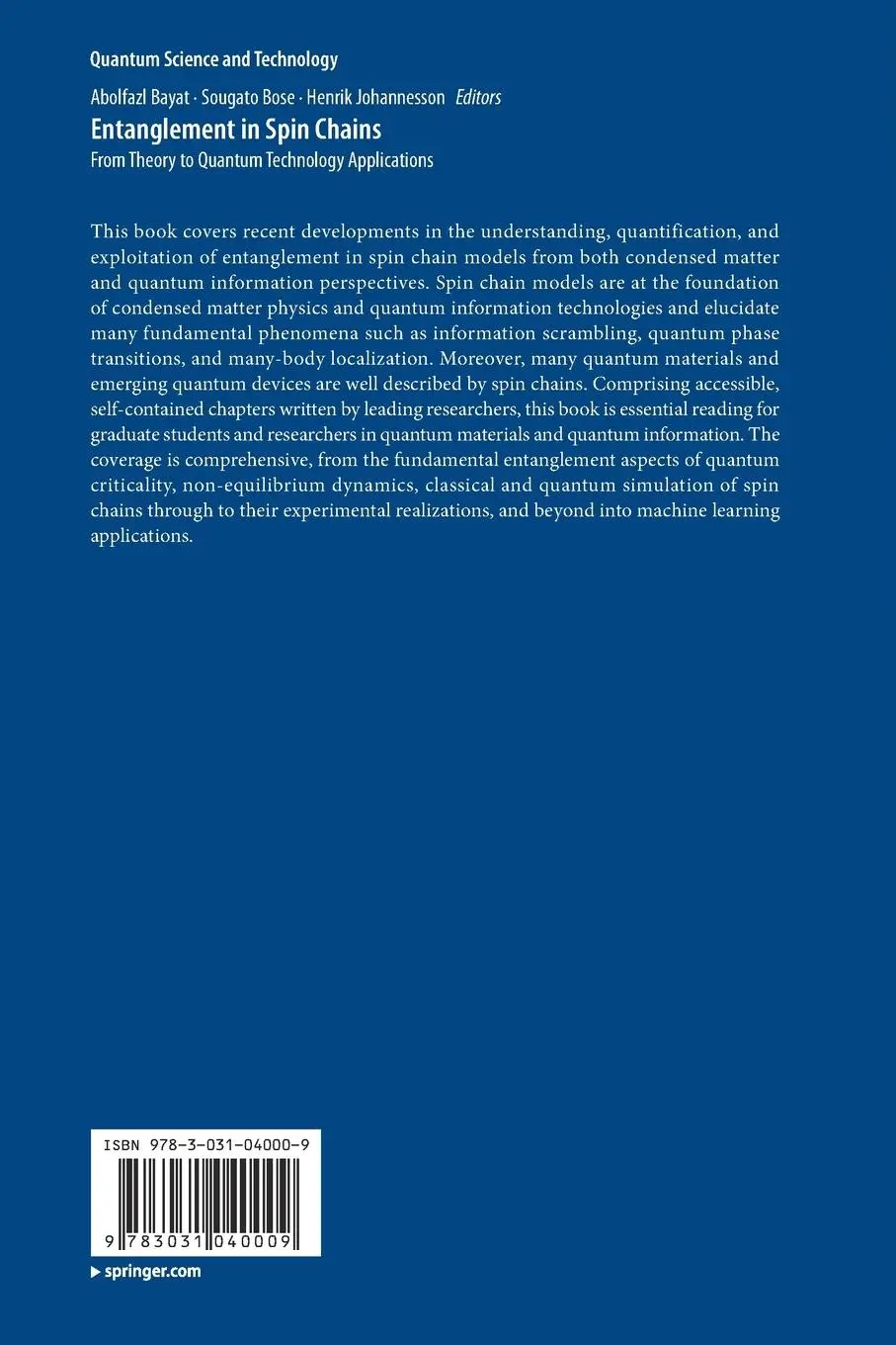 Rückseite: 9783031040009 | Entanglement in Spin Chains | Abolfazl Bayat (u. a.) | Taschenbuch