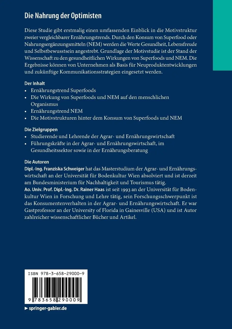 Rückseite: 9783658290009 | Die Nahrung der Optimisten | Rainer Haas (u. a.) | Taschenbuch | xvi