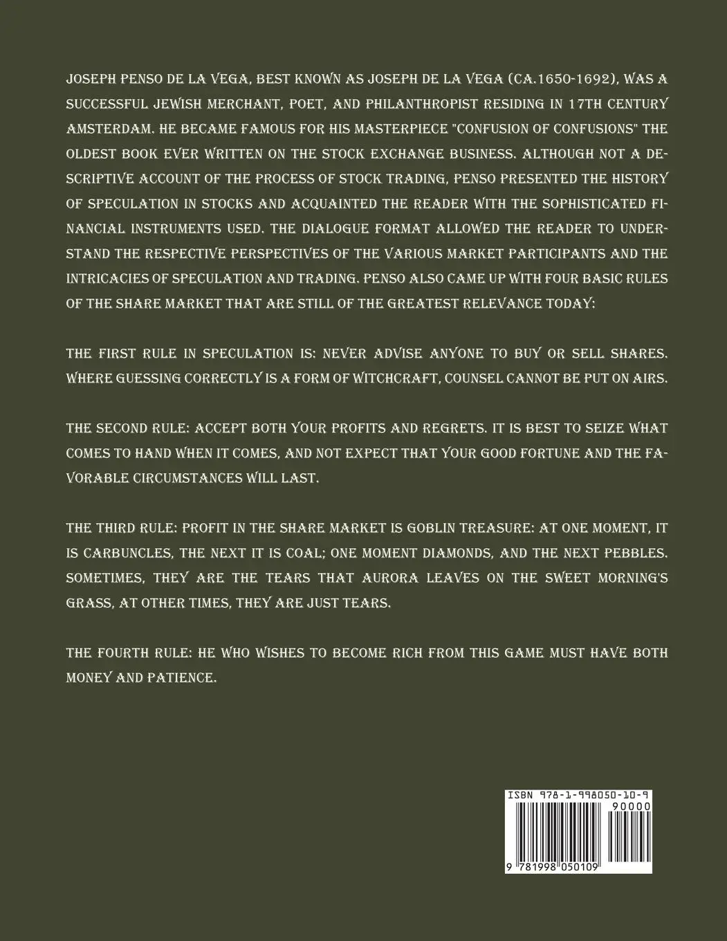 Rückseite: 9781998050109 | Confusion de Confusiones [1688] | Josef de La Vega | Taschenbuch