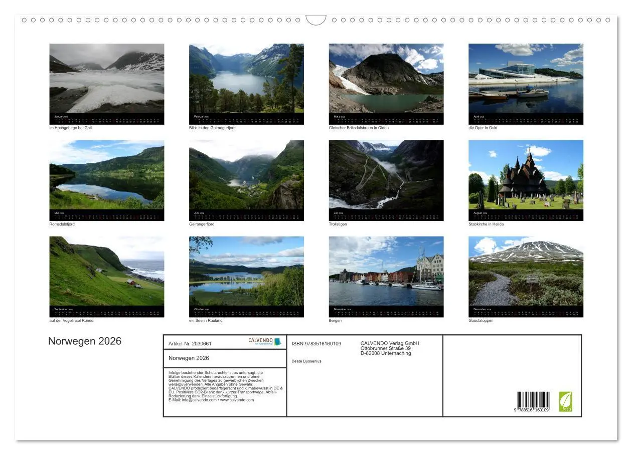 Bild: 9783516160109 | Norwegen 2026 (Wandkalender 2026 DIN A2 quer), CALVENDO Monatskalender