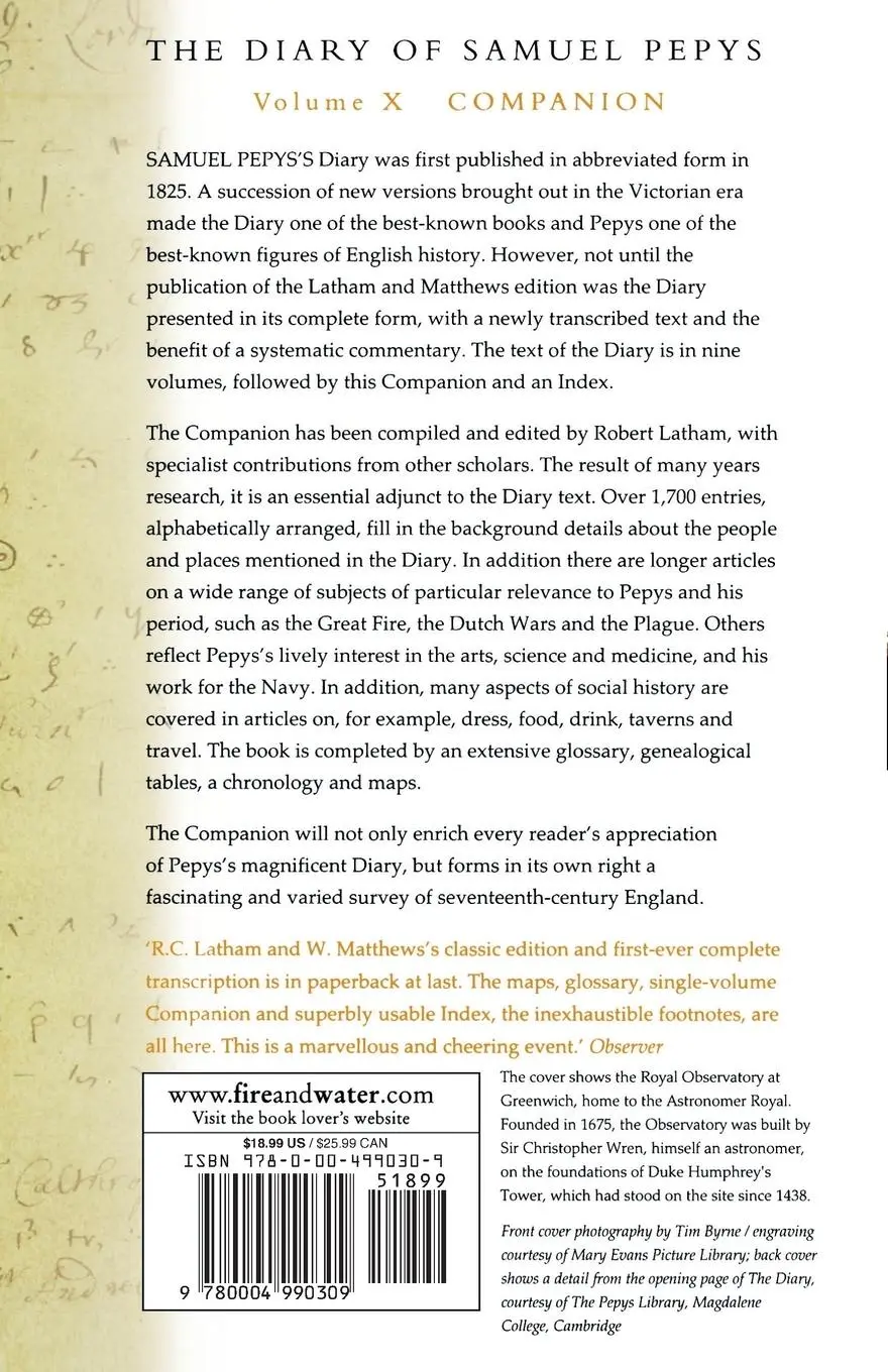 Rückseite: 9780004990309 | The Diary of Samuel Pepys | Volume X - Companion | Samuel Pepys | Buch