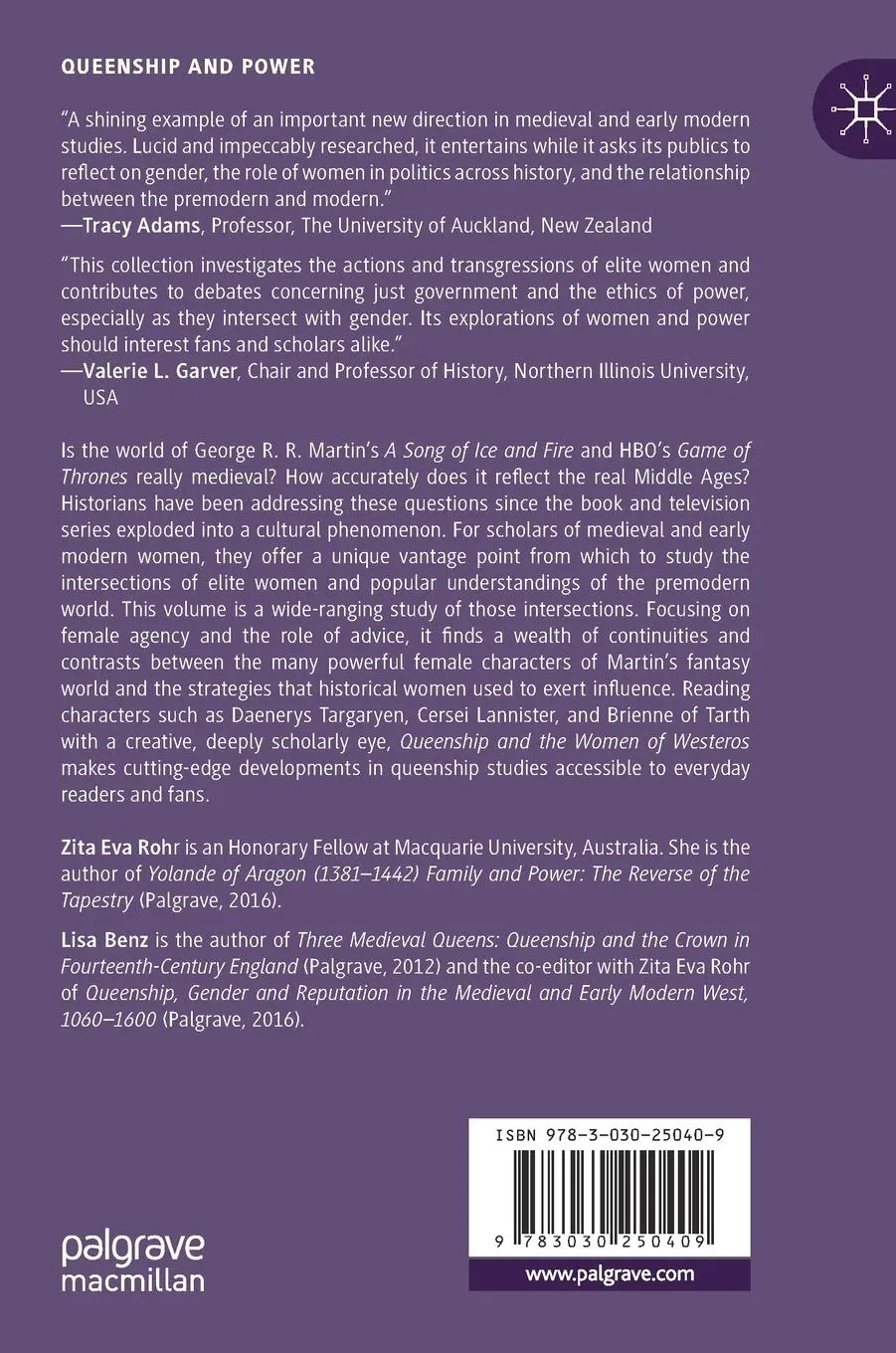 Rückseite: 9783030250409 | Queenship and the Women of Westeros | Lisa Benz (u. a.) | Buch | lxxiv