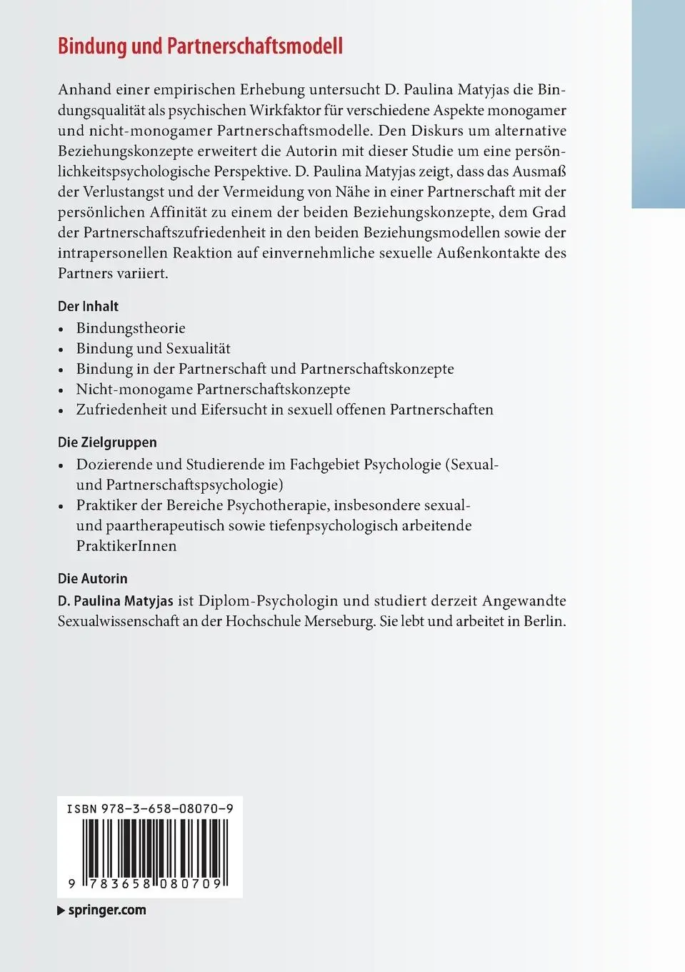 Rückseite: 9783658080709 | Bindung und Partnerschaftsmodell | D. Paulina Matyjas | Taschenbuch
