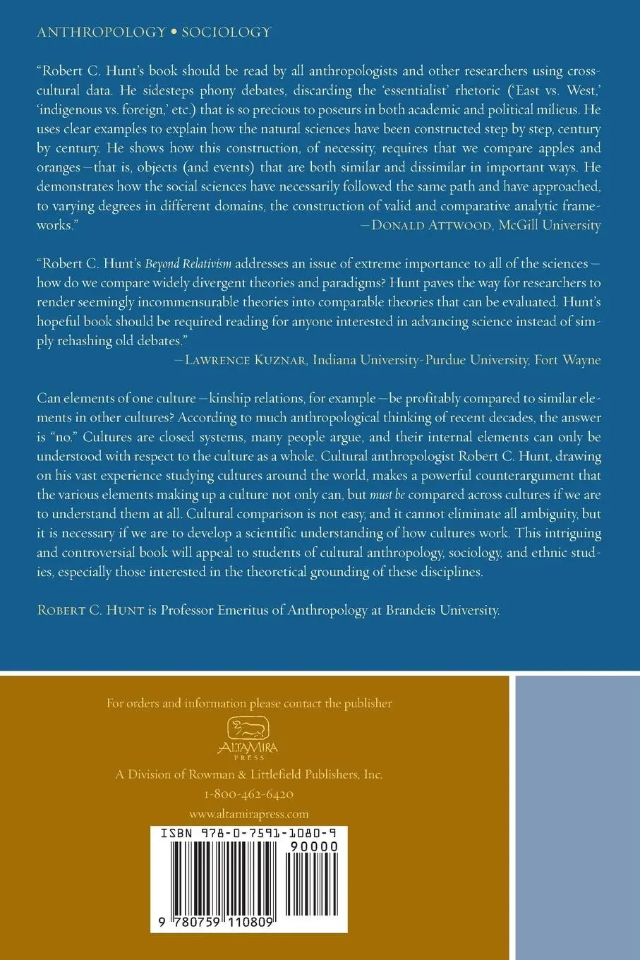 Rückseite: 9780759110809 | Beyond Relativism | Comparability in Cultural Anthropology | Hunt