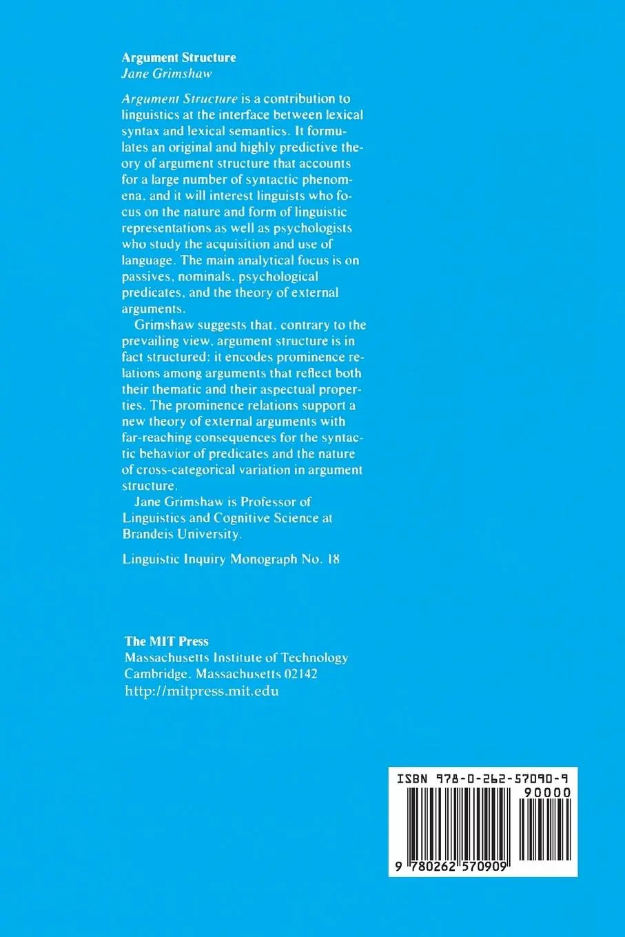Rückseite: 9780262570909 | Argument Structure | Jane Grimshaw | Taschenbuch | Englisch | 1992