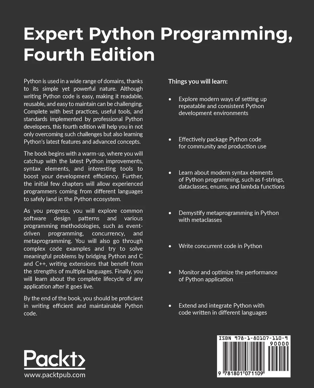 Rückseite: 9781801071109 | Expert Python Programming - Fourth Edition | Michal Jaworski (u. a.)