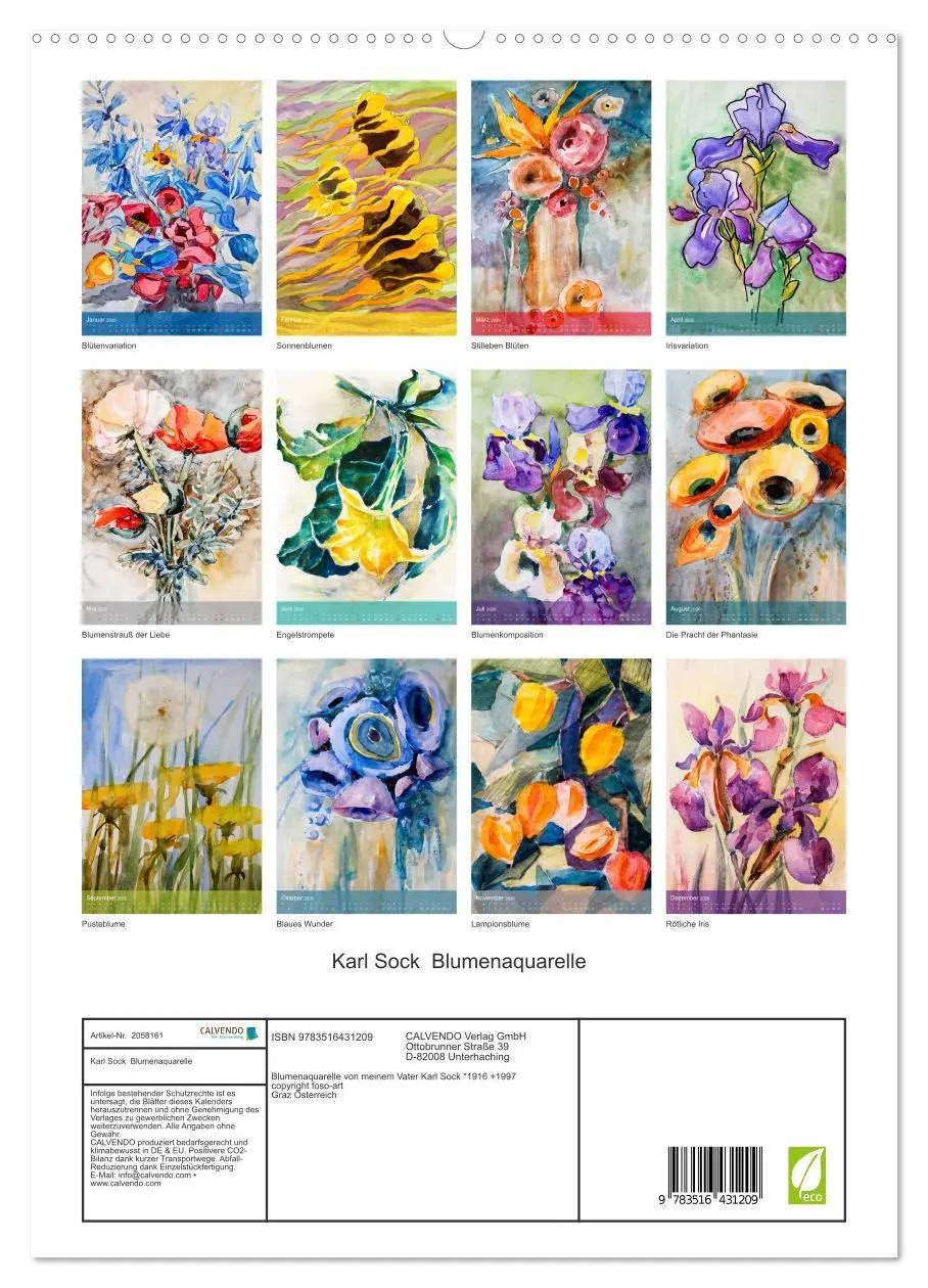 Bild: 9783516431209 | Karl Sock Blumenaquarelle (hochwertiger Premium Wandkalender 2026...