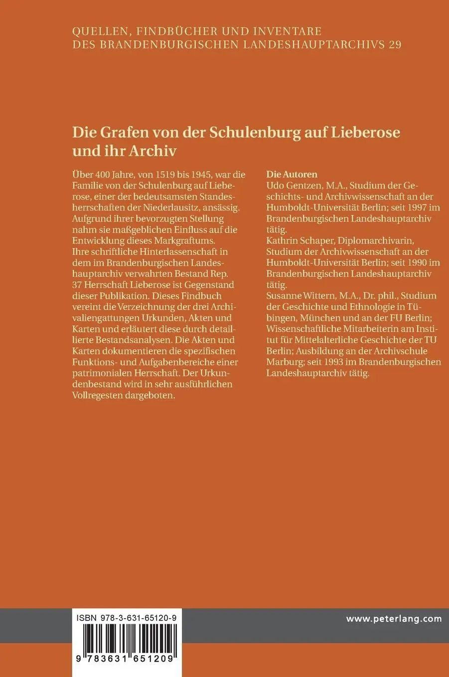 Rückseite: 9783631651209 | Die Grafen von der Schulenburg auf Lieberose und ihr Archiv | Buch