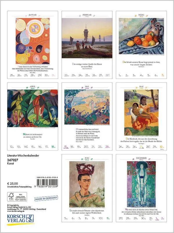 Bild: 9783819301209 | Literaturkalender Kunst 2027 | Korsch Verlag | Kalender | 54 S. | 2027
