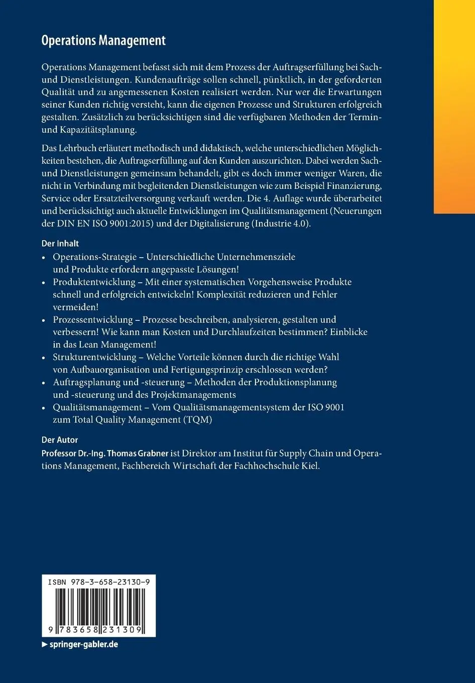 Rückseite: 9783658231309 | Operations Management | Thomas Grabner | Taschenbuch | xviii | Deutsch