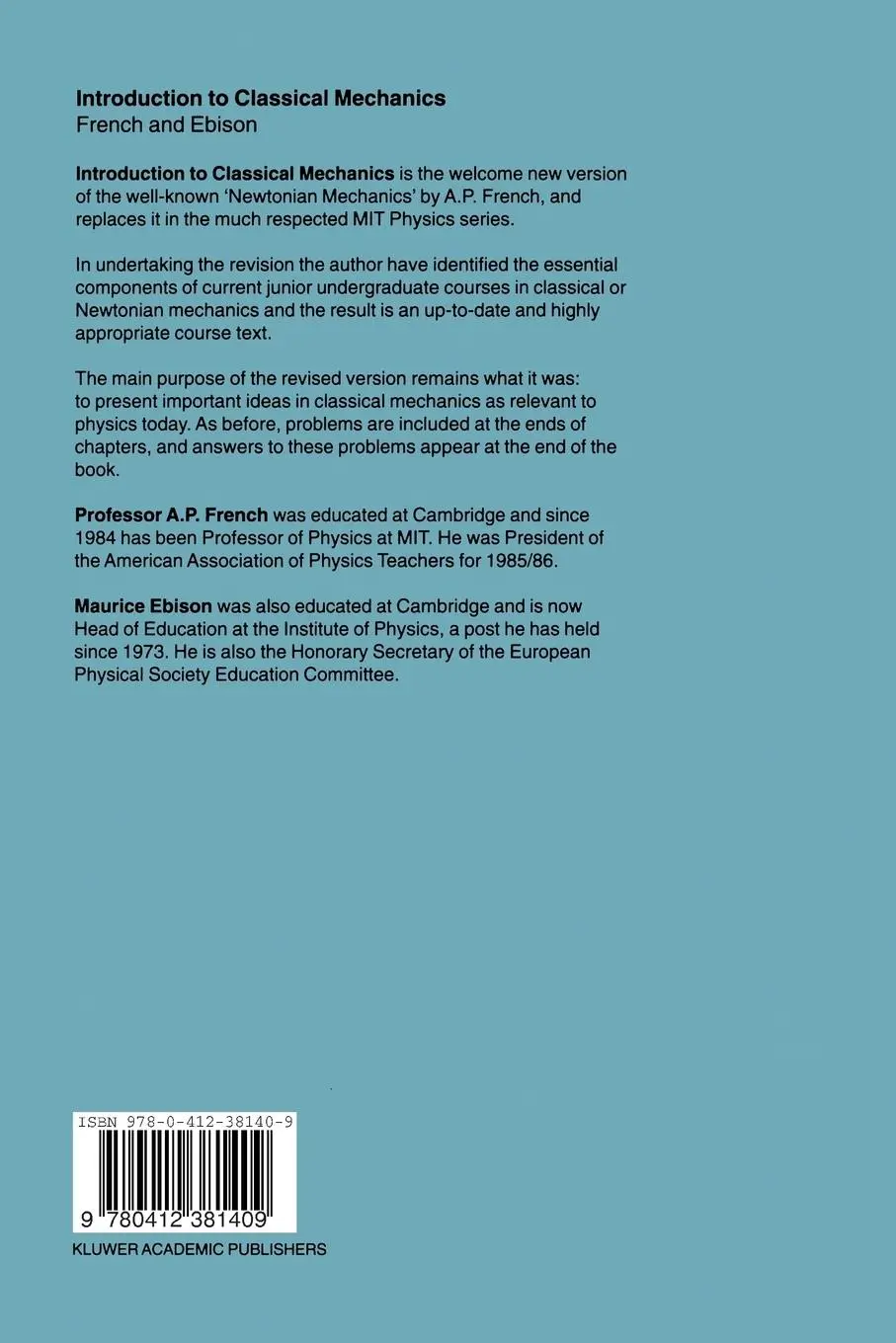 Rückseite: 9780412381409 | Introduction to CLASSICAL MECHANICS | A. J. French (u. a.) | Buch