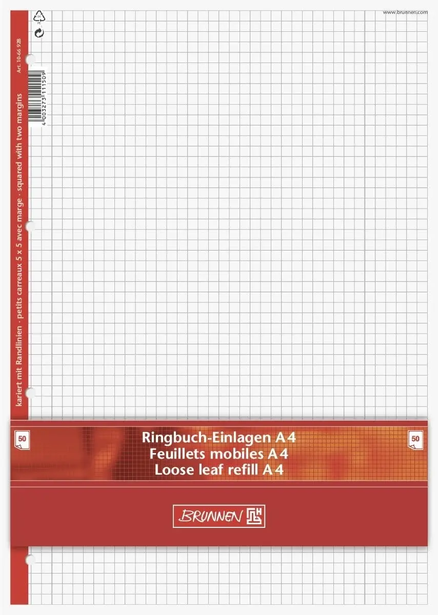 Cover: 4003273111509 | Brunnen Ringbucheinlagen A4 kariert, mit Randlinien, Lineatur 28,...