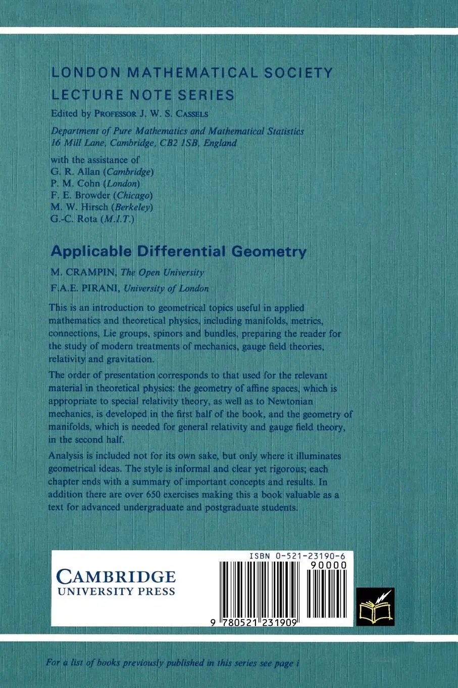 Rückseite: 9780521231909 | Applicable Differential Geometry | M. Crampin (u. a.) | Taschenbuch