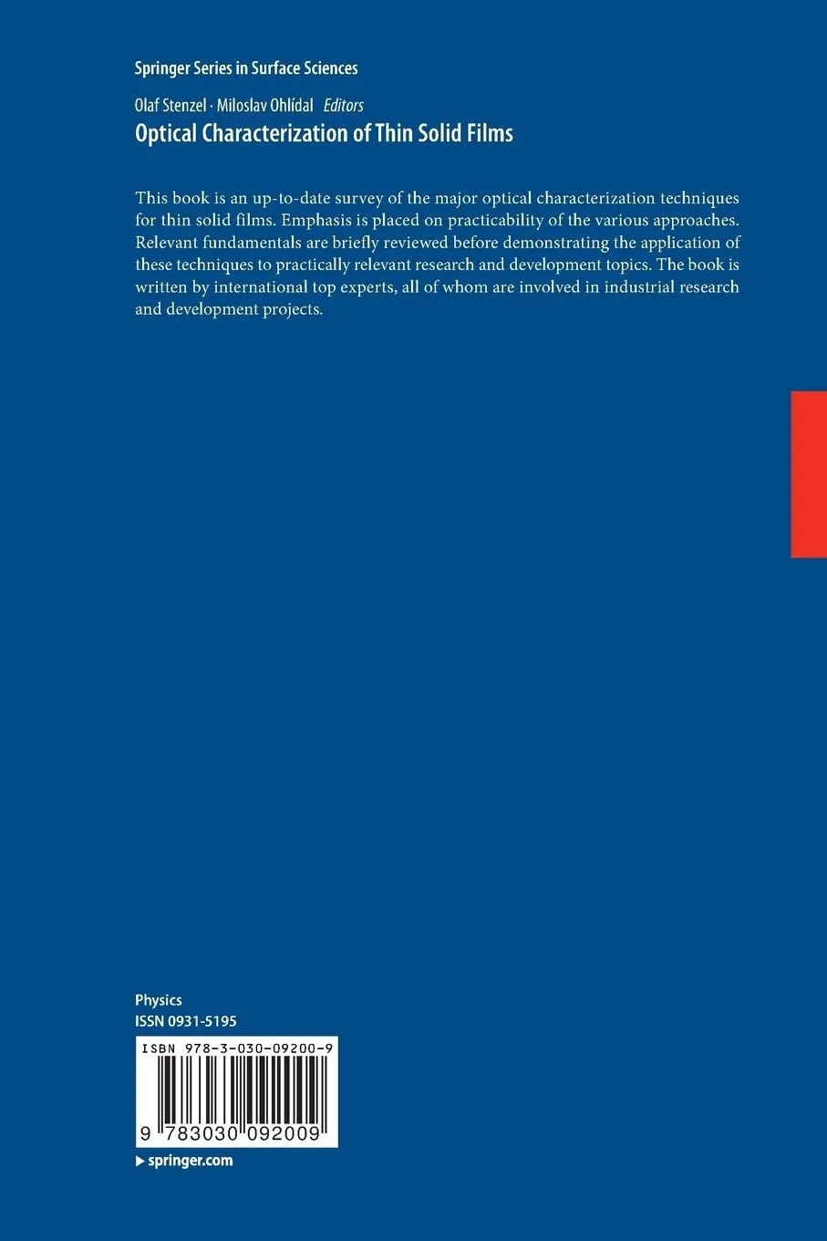 Rückseite: 9783030092009 | Optical Characterization of Thin Solid Films | Olaf Stenzel (u. a.)